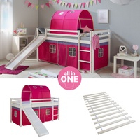 Hochbett 90x200 Weiß mit Rutsche Lattenrost Kinderbett Pink Tunnel Homestyle4u