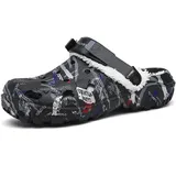 ihinzry Garten Clogs für Herren mit Fleece-Futter - rutschfeste Winter Hausschuhe, wasserdichte Arbeitspantoffeln mit verstellbarem Riemen, bequem Werkstatt Schuhe, maschinenwaschbar Schwarz-47 - 47 EU