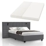 Juskys Polsterbett 140x200 cm Luzano - Bett mit LED, Matratze, Lattenrost - Bettgestell Samt Dunkelgrau