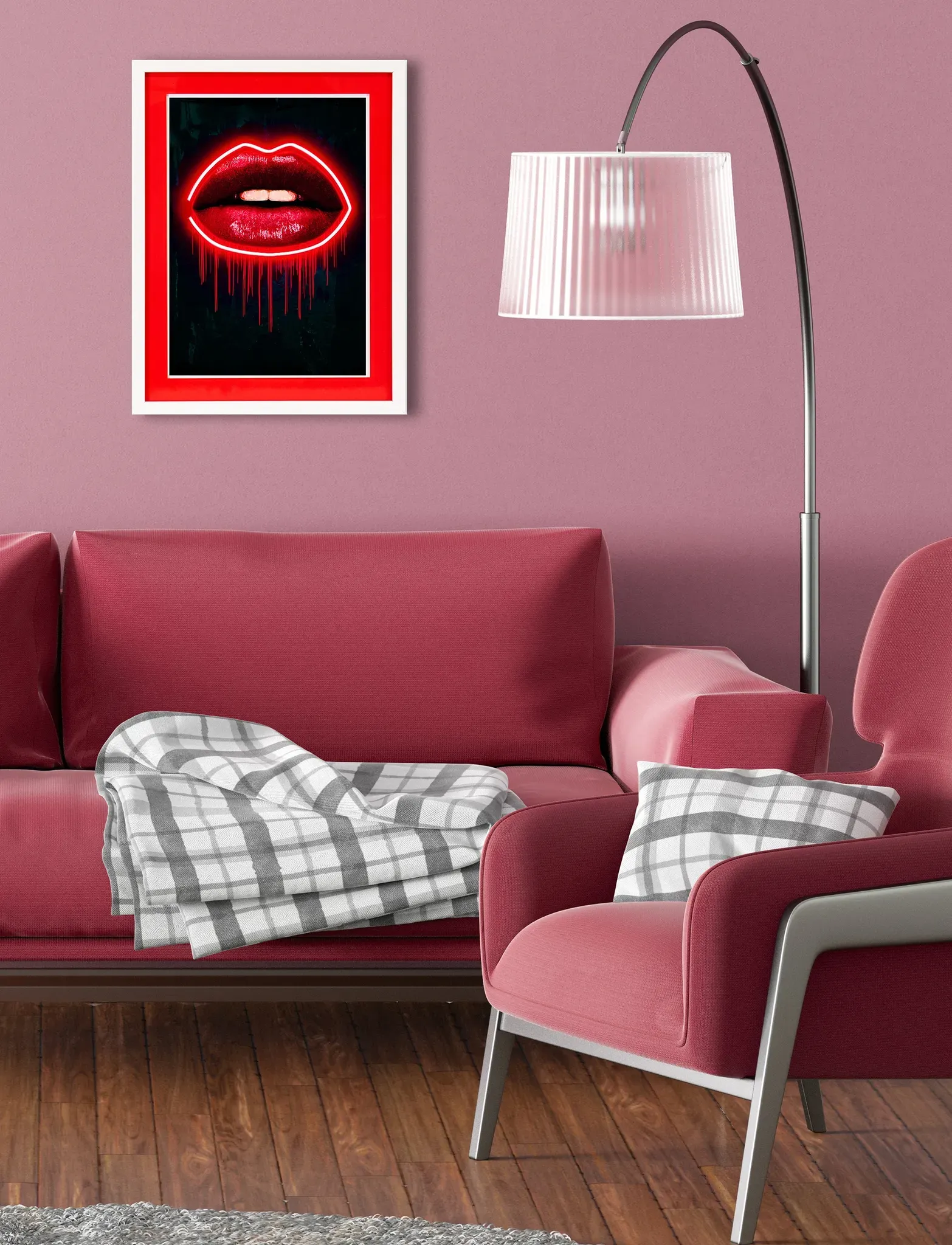 Bild mit Rahmen QUEENCE "Lippen, Neon, Neonlicht" Bilder Gr. B/H/T: 40 cm x 50 cm x 2 cm, Hochkant Erotische Bilder-Kiss Hochformat, 1 St., rot Bilder mit Rahmen Poster buntem Acrylglas Passepartout