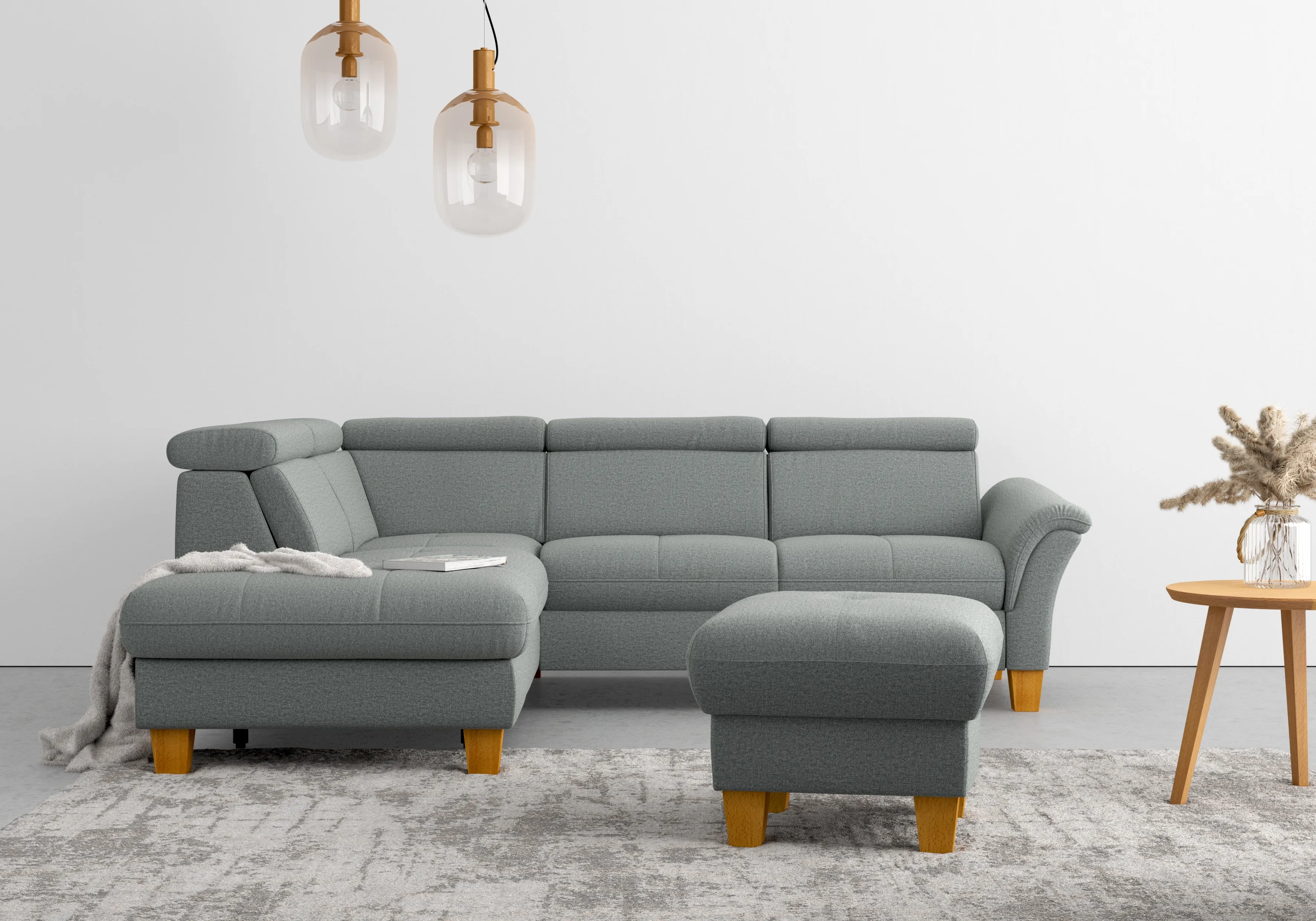 Ecksofa HOME AFFAIRE "Lindgren L-Form" Sofas Gr. B/H/T: 249cm x 84cm x 217cm, Chenille, Ottomane links, mit Bettfunktion mit einklappbaren Rollen-mit Stauraum-mit Kopfteilverstellung-ohne TV-Funktion motorisch ohne Stauraum-mit Federkern, grau wahlweise mit TV-Funktion, Stauraum und Kopfteilverstellung