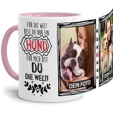 Tassendruck Fototasse mit Spruch - Mein Hund, Meine Welt - zum Selbst gestalten mit 2 Fotos für Hundebesitzer, Innen & Henkel Rosa, 300 ml