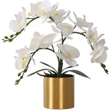 LESING Künstliche Orchidee mit Vase, weiße Orchidee Bonsai künstliche Orchidee Phalaenopsis Pflanztopf Arrangements für Heimdekoration (weiß, goldene Vase)