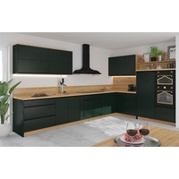 L-Form Küchenzeile Velden 365x270cm Vollauszug grifflos eiche artisan - smaragdgrün supermatt