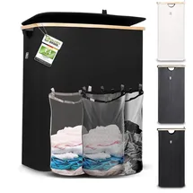 HENNEZ Wäschekorb 3 Fächer mit Deckel - Wäschesortierer mit Wäschesack - Laundry Baskets - schwarz Bambus - Wäschetonne - Wäsche Sortiersystem - Wäschesammler