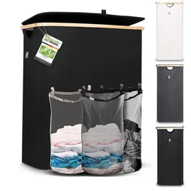 HENNEZ Wäschekorb 3 Fächer mit Deckel - Wäschesortierer mit Wäschesack - Laundry Baskets - schwarz Bambus - Wäschetonne - Wäsche Sortiersystem - Wäschesammler