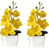 XIZHI Künstliche Orchideen mit Vase, 25,4 cm, künstliche Pflanze, Bonsai, Seidenblumen, Schmetterling, Orchidee mit Topf für Hochzeit, Büro, Heimdekoration, Innendekoration, 2 Stück (gelb)