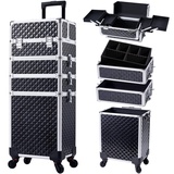 Kosmetikkoffer Trolley 4-in-1 Kosmetikkoffer Groß Kosmetik Trolley Make up Koffer Schminkkoffer mit Rollen Friseurkoffer Alu Beauty Case Nagelkoffer Multikoffer, Schwarz