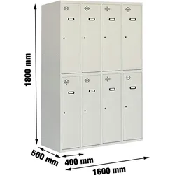 PROREGAL Spind AMEGO | 8 Abteile | HxBxT 180x160x50cm | Abteilbreite 40cm | Unterteilt | Feuerfeste Beschichtung | Lichtgrau | Metallspind