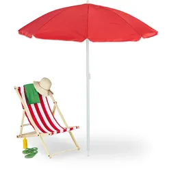 Relaxdays Sonnenschirm, Ø 160 cm, knickbar, höhenverstellbar, UV-Schutz, Strandschirm mit Tasche, Strand & Balkon, rot