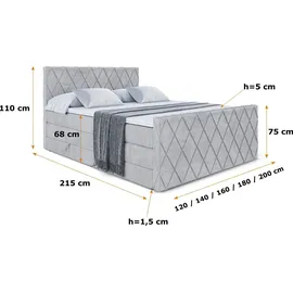 altdecor Boxspringbett mit Matratze und Lattenrost - LEPARO -Z KING - 160x200 cm - Grau Monolith - Topper, Fußteil, Polsterbett mit Bettkasten, Be... - Hellgrau