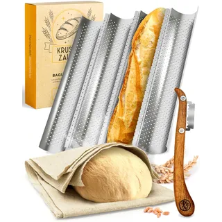 KRUSTENZAUBER Baguette Backform Antihaft inkl. Bäckerleinen u. Bäckermesser - 4er Baguette-Backblech - Ideal als Baguetteblech, Brotbackform, Baguetteform, Baguette Blech, Brot Backen Zubehör