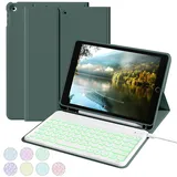 aoub Hülle mit Tastatur für iPad 9./ 8. / 7. Generation, Beleuchtete Tastatur mit Hülle für iPad 10,2 Zoll 2021/2020/2019, 7 Farben Beleuchtung, QWERTZ Layout, Grün