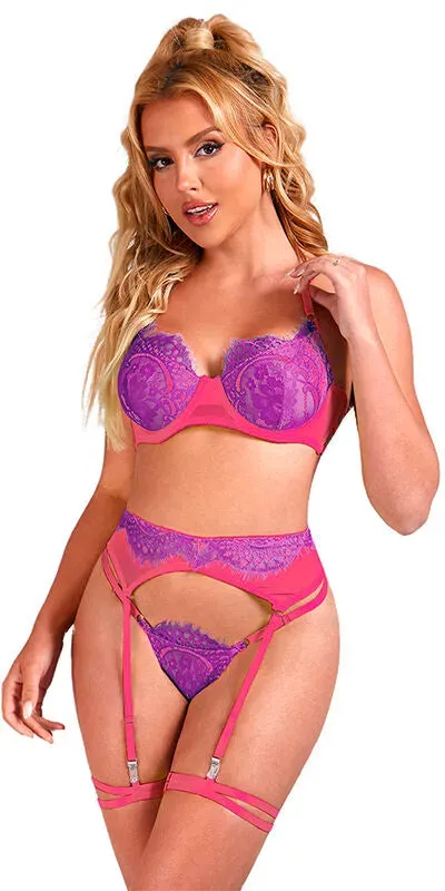 SUBBLIME  955359 BH-Set mit Spitze und Strumpfbändern Rosa und Lila S/M