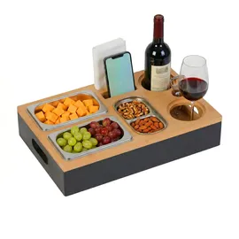 Relaxdays Couchbar, Bambus, 3 Edelstahlschale für Snacks, Halter für Flaschen, Gläser, Handy, Sofatablett, schwarz/natur