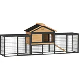 PawHut Hasenstall 2 Ebenen mit Satteldach Kaninchenstall aus Vollholz Winterfest Doppelstockhaus mit Freilaufgehege 217x53x86 cm Kaninchenkäfig Outdoor Kleintierstall für Hasen Kaninchen Gelb