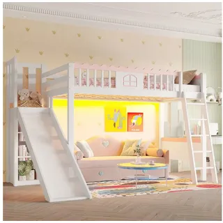 Flieks Hochbett Kinderbett Einzelbett 90x200cm mit LED-Leiste, Rutsche mit Regale weiß 171 cm