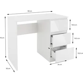 ML-Design Schreibtisch mit 3 Schubladen, 90x76x50 cm, Weiß, Schubladenfronten in Hochglanz, viel Stauraum, Arbeitstisch Bürotisch Computertisch Homeoffice