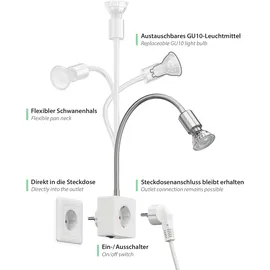ledscom.de Steckdosenleuchte/Leselampe LESCH, Schwanenhals, Schalter, chrom/weiß, 1x GU10 max. 10W