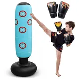 160cm Aufblasbarer Standboxsack, Boxsack Kinder mit Boxhandschuhe, Tragbares Boxsack für Kinder, Weichheit und Komfort Aufblasbarer Boxsacks, Standboxsack für Üben Boxen Karate Taekwondo (Blau)