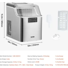 Vevor Eiswürfelbereiter Eisbereiter Eiswürfelmaschine 24 Würfel in 15 Minuten, 20,4 kg / 24 h, tragbarer Eiswürfelbereiter mit Schaufel & Korb, Eismaschine mit 3 Größen für Küche Bar Party