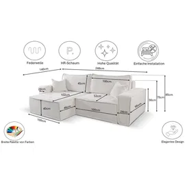 kaiser möbel L-förmiges Bohoo-Ecksofa mit Schlaffunktion Hellbeige Rechts