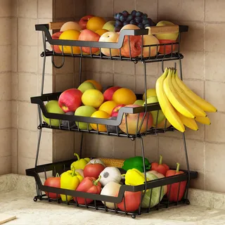 GILLAS Obstkorb mit 3 Etagen und 2 Bananenaufhängern für die Küche, abnehmbarer Metall-Organizer für Brot, Gemüse, Obst, mit Holzgriff, große Kapazität, rechteckiger Aufbewahrungsständer, Schüsseln,