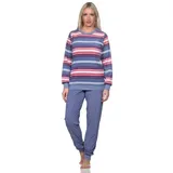 Normann Pyjama Damen Frottee Schlafanzug mit Bündchen in elegantem Streifendesign blau 36-38