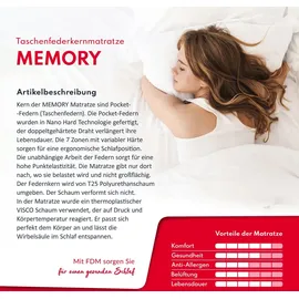 Fdm Memory Duo Matratze 100x200 cm Taschenfederkern Höhe 27 cm Härtegrad H2 H3 7-Liegezonen Öko-Tex Allergikergeeignet Bezug Waschbar Visco-Schaum