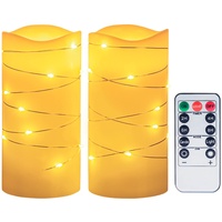 Flammenlose Kerzen, batteriebetrieben, 7,6 x 15,2 cm, weiße LED-Lichter, gewickelt um Echtwachs-Stumpenkerzen mit Fernbedienung und Timer, 2 Stück