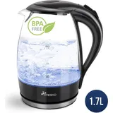 TRESKO Wasserkocher Glas 1,7L Glaswasserkocher LED Beleuchtung Edelstahl 2200W Teekocher BPA frei Teekessel