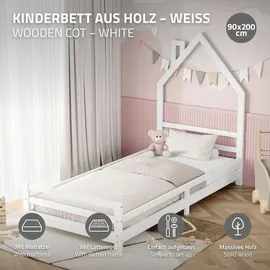 ML-Design Kinderbett Haus 90 x 200 cm Kiefer massiv weiß