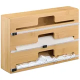 Relaxdays Folienspender, 3 Rollen, für Schublade, Bambus, HxBxT: 21,5 x 33,5 x 8 cm, Folienaufbewahrung Küche, natur