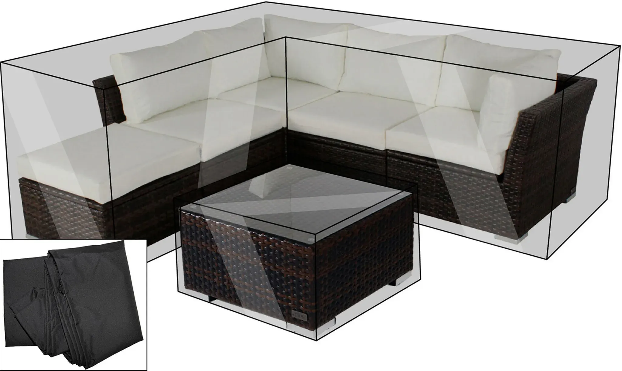 OUTFLEXX Premium Abdeckhauben Set für Lounge: 7759-BOX-B (gestellt als Ecklounge), schwarz, wasserbeständig