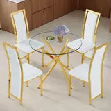 4er Set Esstisch mit gehärtetem Glas, 88 cm, goldfarbenes Kreuzgestell, vier weiße PolyurethanEsszimmerstühle mit goldener Kante, minimalistisch... - Weiß