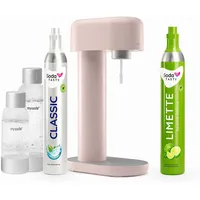 Sparpaket: Mysoda Ruby - Wassersprudler aus Aluminium mit 1L und 0,5L BPA-freier Plastikflasche, CO2-Zylinder Classic + CO2-Zylinder Limette (Rosa)