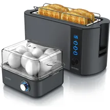 Arendo 2-teiliges Frühstücksset - 4-Scheiben Langschlitz Toaster, 8er Eierkocher, Grau