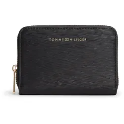 Geldbörse TOMMY HILFIGER "TH MODERN COMPACT ZA", Damen, schwarz, Lederimitat, Strukturmuster, unifarben, Basic, Kleinlederwaren, Damen Geldbeutel, Portemonnaie mit Logo-Schriftzug