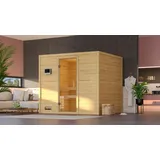 Woodfeeling Karibu Sauna Sonara - Massivholzsauna mit Fronteinstieg 40 mm - Ohne Ofen-Ohne Dachkranz-Klarglas Ganzglastür inkl. 8-teiligem gratis Zubehörpaket (Gesamtwert 191,92€)