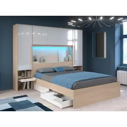 Bett mit Stauraum 160 x 200 cm mit LED-Beleuchtung - Holzfarben & glänzend weiß - VELONA