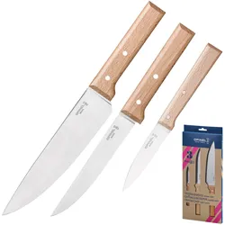 OPINEL 3er Set Parallele Küchen Messer Kochmesser Allzweckmesser Stahl Holzgriff