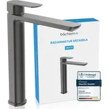 Bächlein Badarmatur Mizarela hoch in klassischem Design, Einhebelmischer für Aufsatzwaschbecken mit langlebiger Keramikkartusche und Montage-Set, Bad Wasserhahn Anthrazit - flacher Auslauf