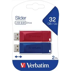 Verbatim Speicherstick USB 2.0, 32 GB, Store'n'Go Slider, Multipack, Farben: rot, blau, VE = 1 Blister à 2 Stück