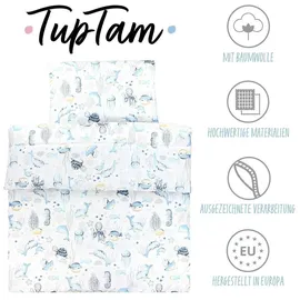 TupTam Kinder Gemusterte Bettdecken Set Ganzjahresdecke Bettdecke Kopfkissen Flachkissen 2tlg., Farbe: Meerestiere Blau, Größe: 135x100 cm