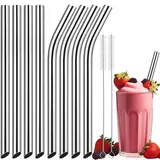 NiHome 8er-Pack Edelstahl Strohhalme Wiederverwendbar, Extra Breite 1.3 cm Trinkhalme 4 Gerade & 4 Gebogen, Mit 2 Reinigungsbürste, Ideal für Boba, Smoothie und Dickflüssige Getränke (Silber)