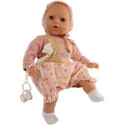 Schildkröt-Puppen Baby Amy 45 cm mit Schnuller, Malhaar, blaue Schlafaugen, Kleidung rose mit Früchten
