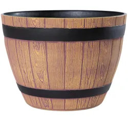 H&D Manufaktur Jinfa Blumenkübel aus Kunststoff im Eichenfass-Design | hellbraune Holzoptik Stil 3 | Ø 38cm x 27cm