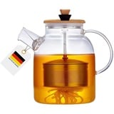 Teekanne aus Glas mit Sieb - 1,6 l Teekanne mit Siebeinsatz - Teekanne mit Hebe und Senk Funktion - Kanne aus glas mit Siebeinsatz - Deckel und Edelstahl Sieb abnehmbar (Teekanne 1,6 Liter)