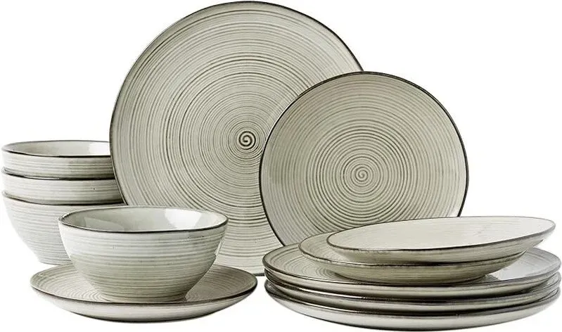 Richmount Tempus 12-teiliges Tafelservice, Set aus unregelmäßig geformten, wirbelartigen Steingut-Tellern und Schalen, Tafelservices für 4, Speiseteller/Dessertteller/Suppenschale, glasierte Keramik, mintfarben