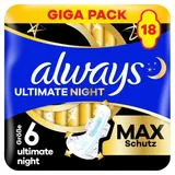 Always Damenbinden Ultimate Night (Größe 6) Mit Flügeln 18 Stück, Super Saugfähig, Für Die Periode